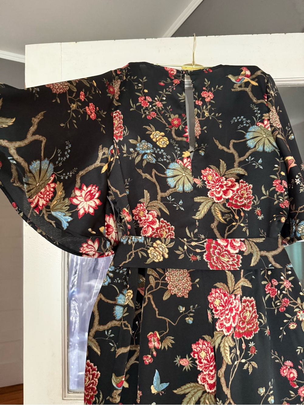 H&M Black Floral Jumpsuit (w/belt) Red & Blue Accents